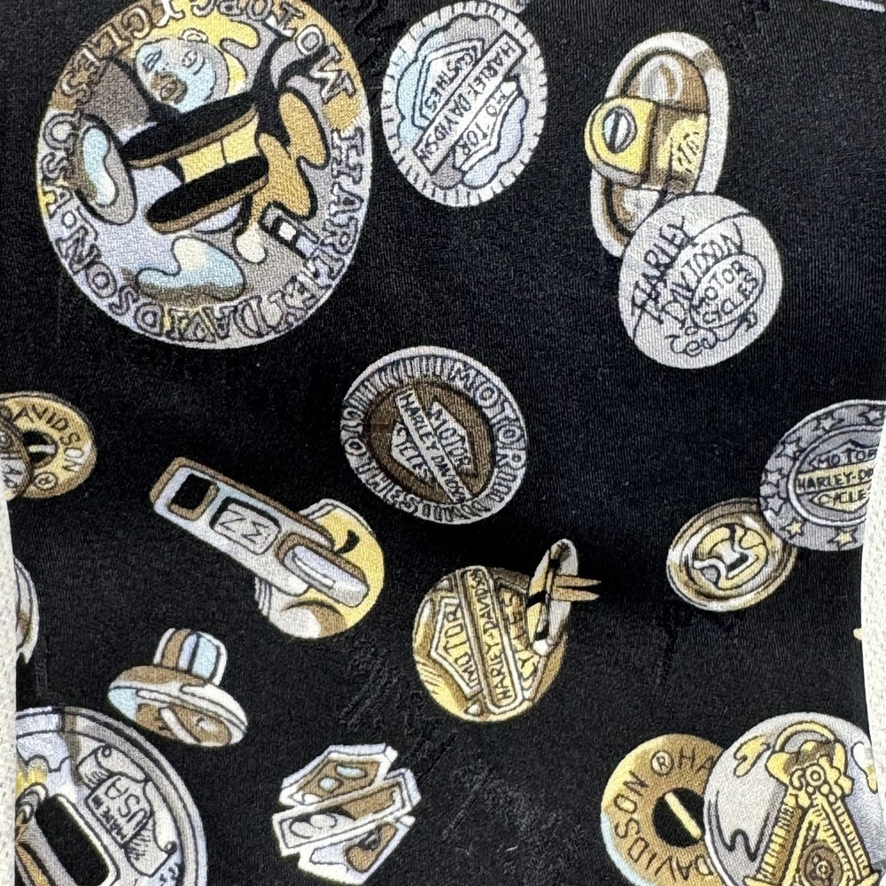 VTG Nicole Miller Harley Davidson Motorcycle Black Silver Gold Printed Silk Tie
